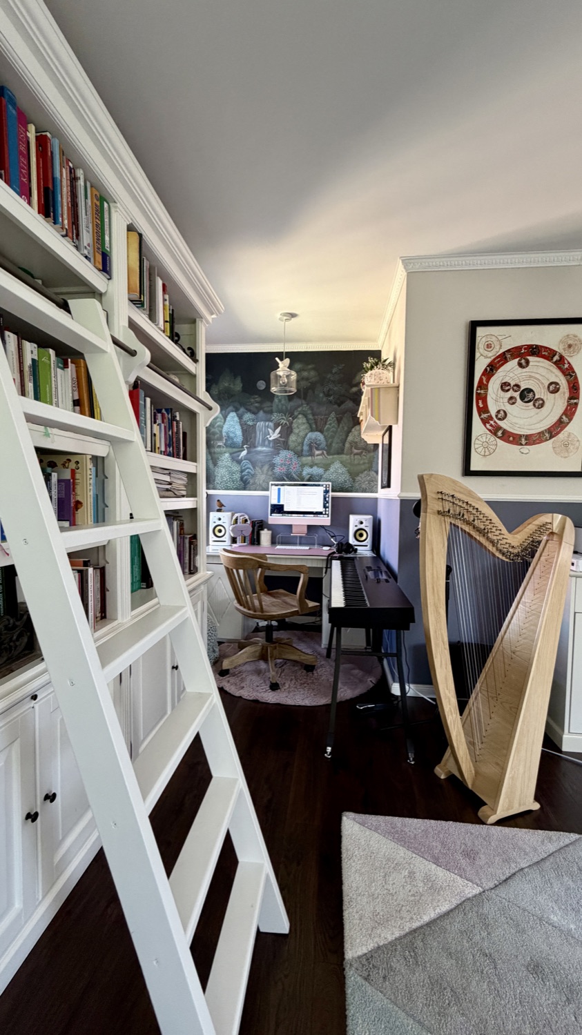 Arbeitszimmer mit Harfe, Klavier und einer Bibliothek mit Leiter